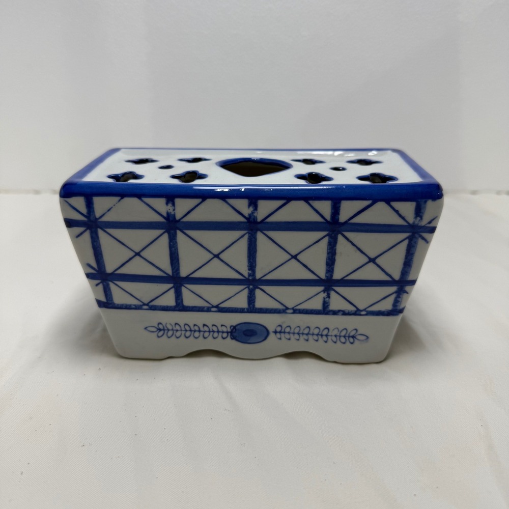 Antique Delft Blue & White Porcelain Faience Flower Frog Vase Brick 6"